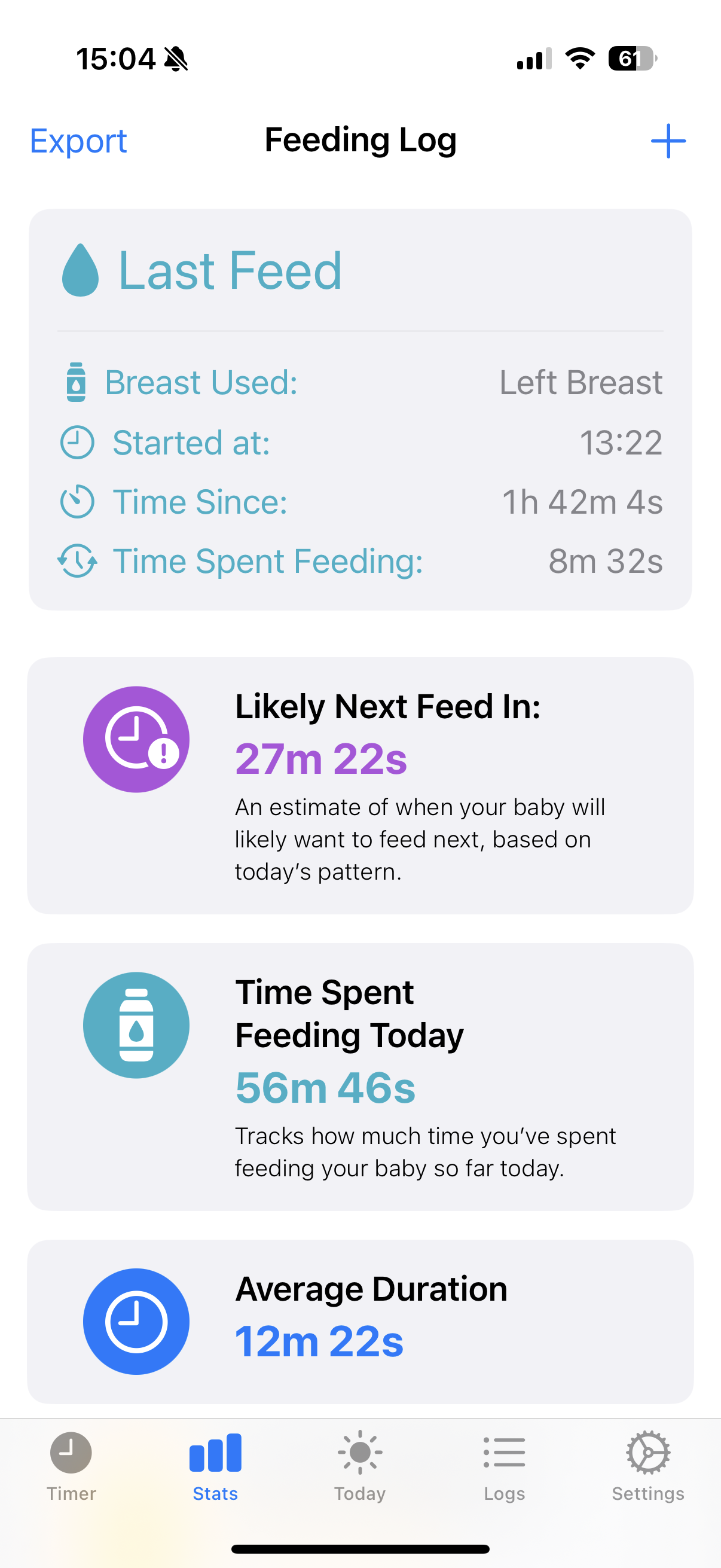 Track baby feeding duration and breast side – screenshot from Feeding Timer App