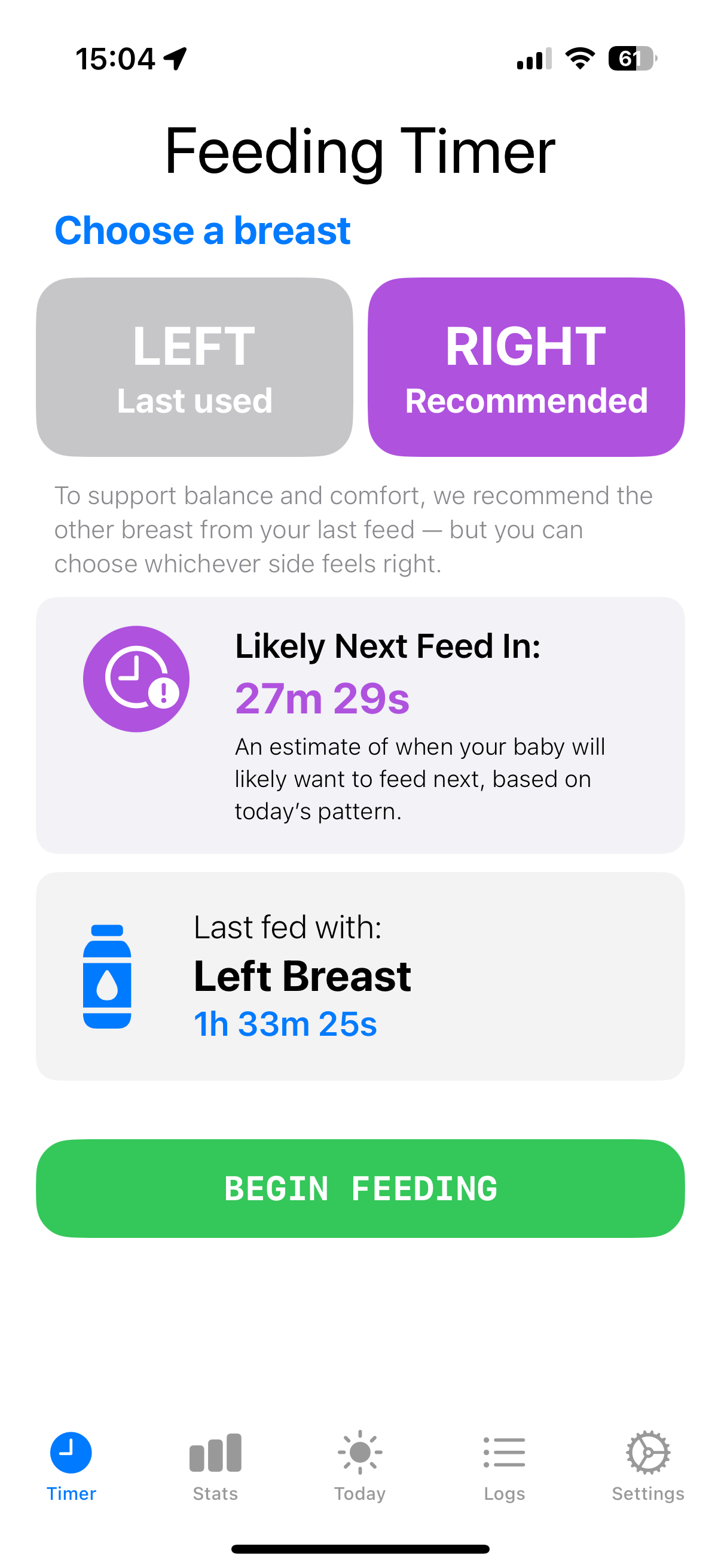Feeding Timer — active breastfeeding session with start time and side