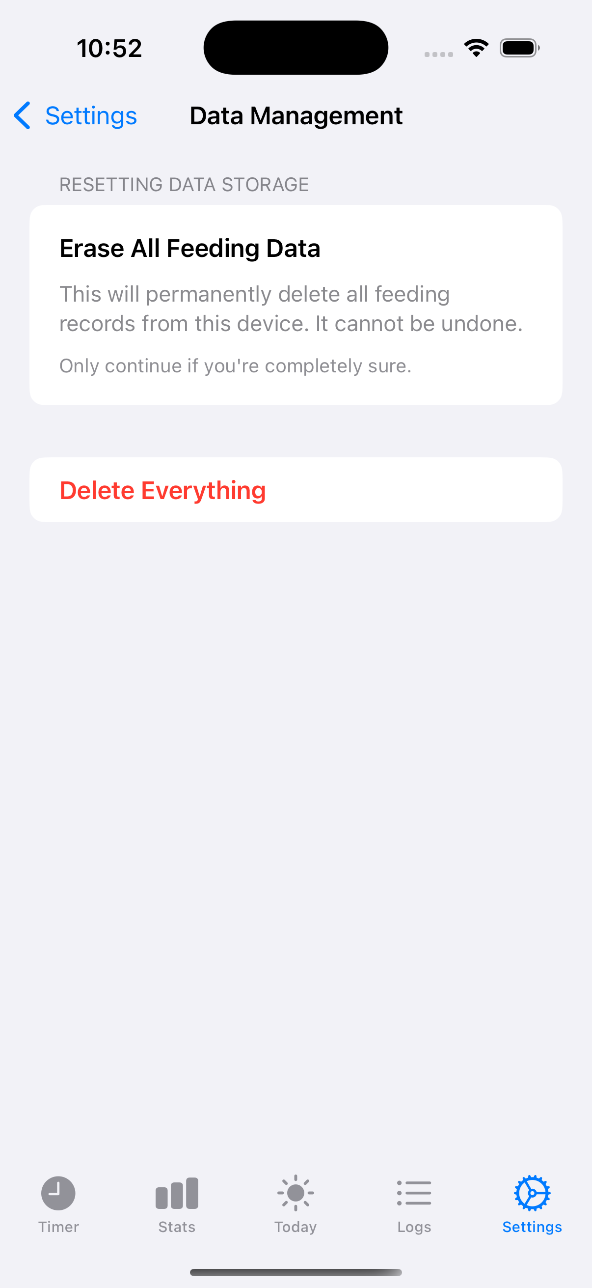 Settings screen with Data Management