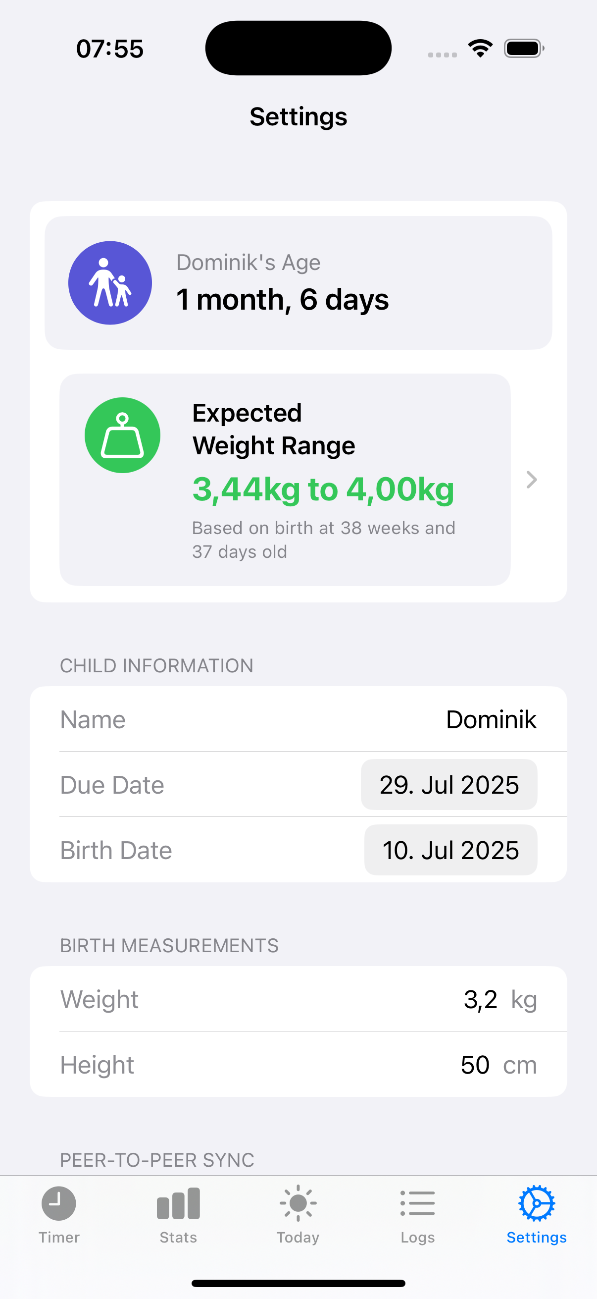 Settings overview with child details, expected weight, sync, data management, and appearance