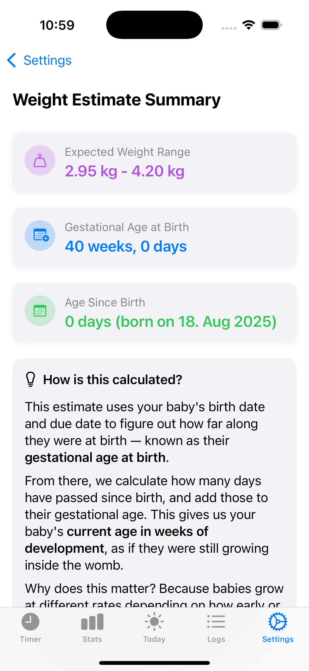 Weight estimate summary detail